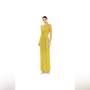 NWT Mac Duggal Yellow Fully Sequined One Shoulder Maxi Dress Size 8